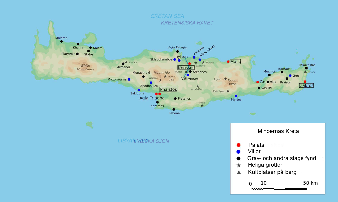 Karta ver Kreta under den minoiska kulturen.