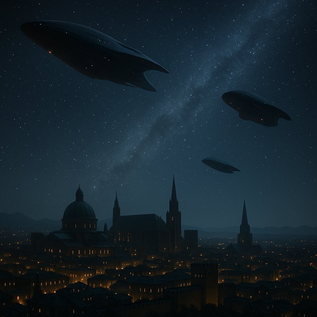 Rydmskepp ovan stad i Bag�rland