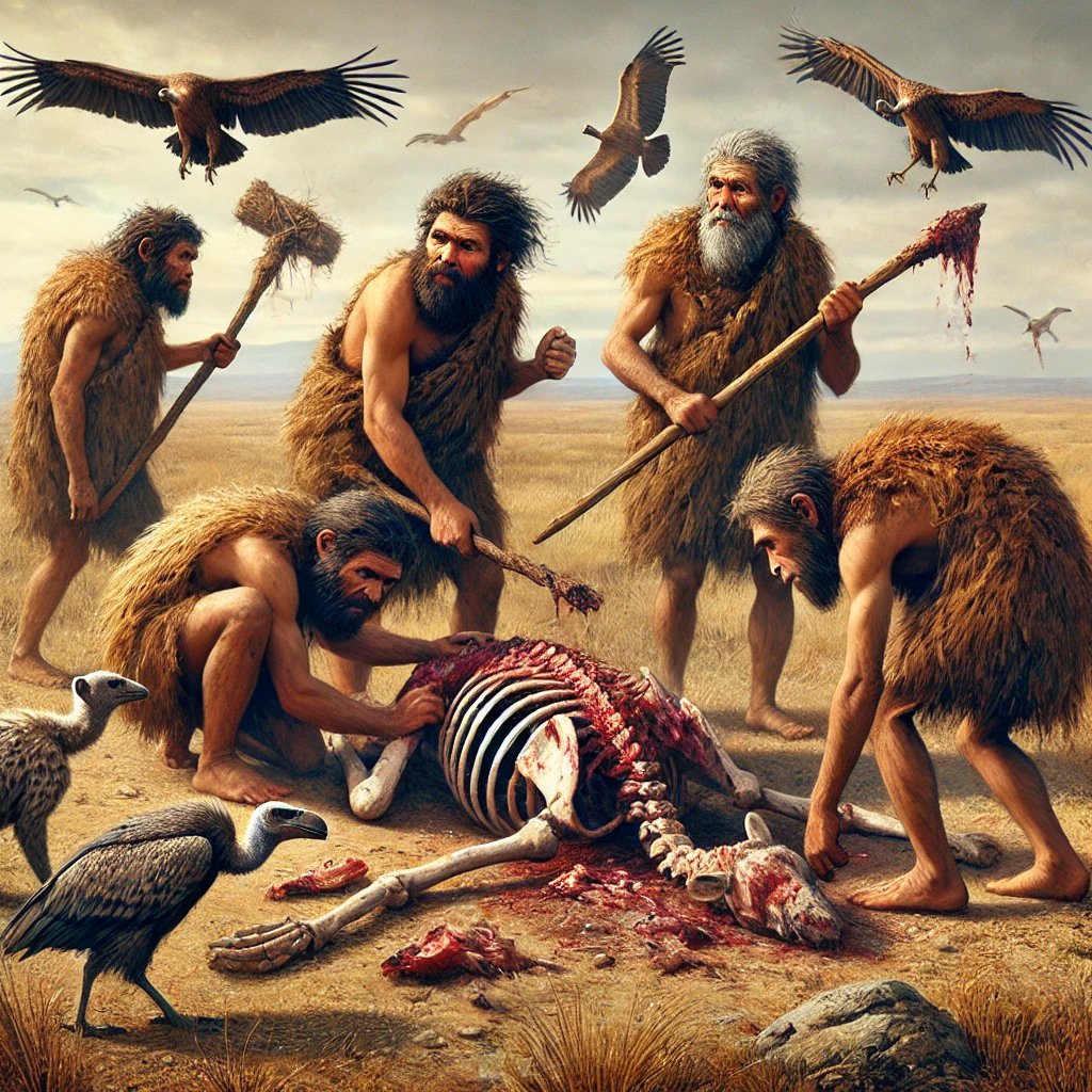 Grupp av Homo erectus stjäl kött