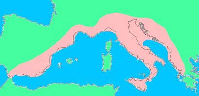 Karta ver spridningen av ett sprk i sdra Europa under gravettien